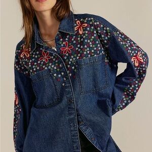 Free People We The Free Rainbow Embroidered Denim Top